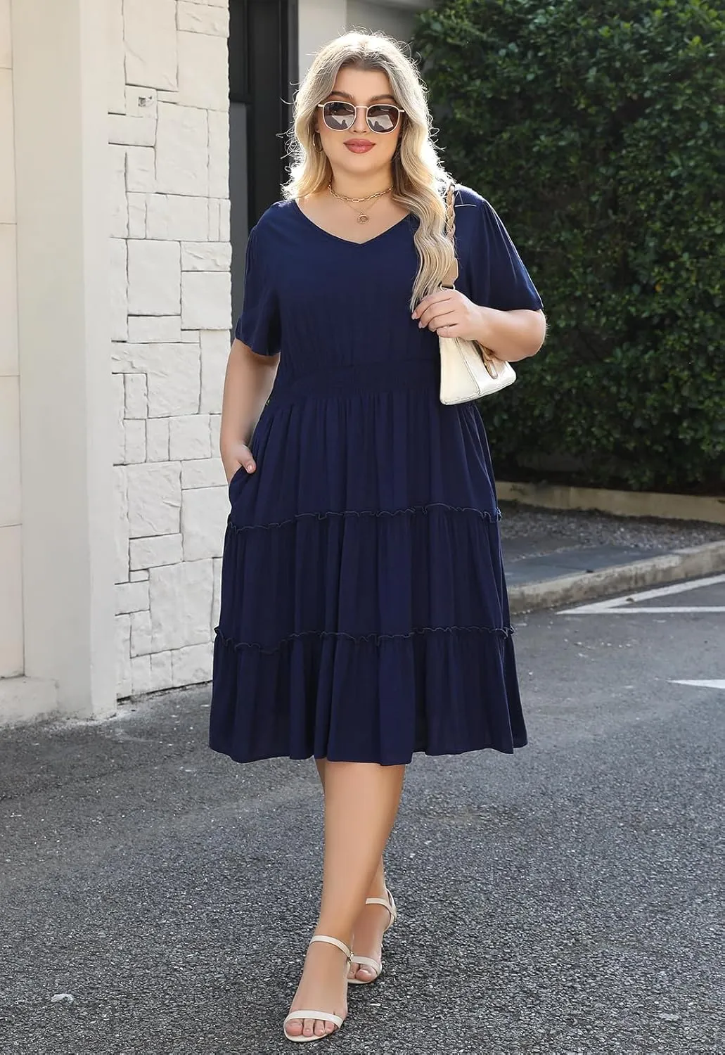 Nemidor Womens Plus Size Summer Midi Dress Casual Tiered Floral Print Beach Swing Boho Dresses with Pocket 16-26