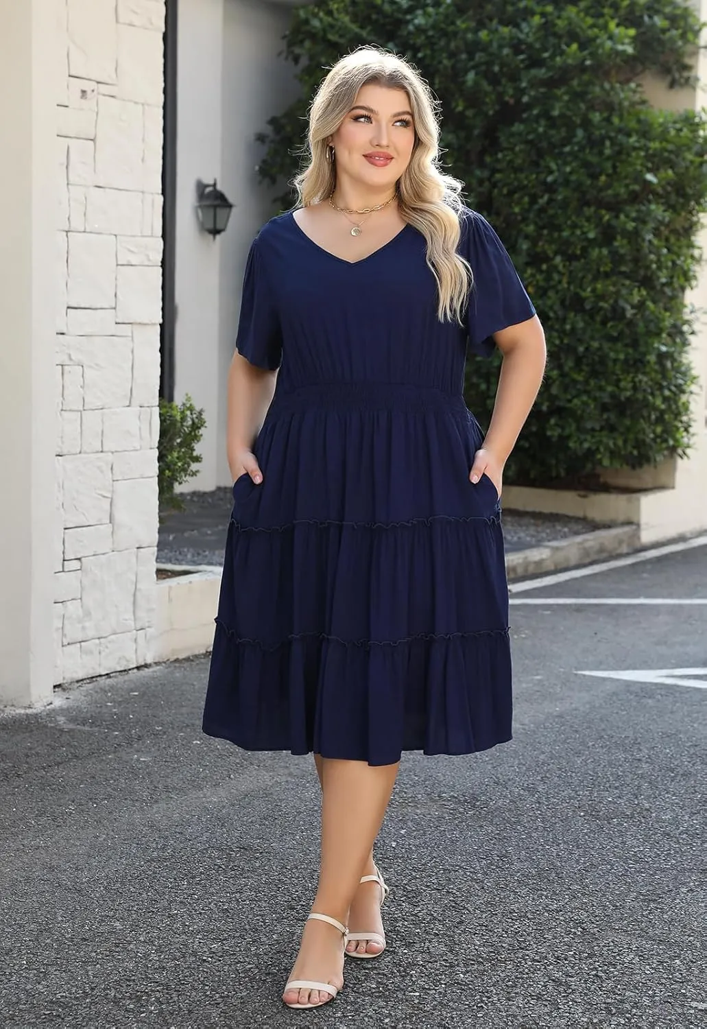 Nemidor Womens Plus Size Summer Midi Dress Casual Tiered Floral Print Beach Swing Boho Dresses with Pocket 16-26