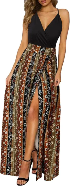 Newshows Women Summer 2025 Maxi Dress Vacation Floral Spaghetti Strap Spring Casual Boho Split Beach Long Flowy Sundress