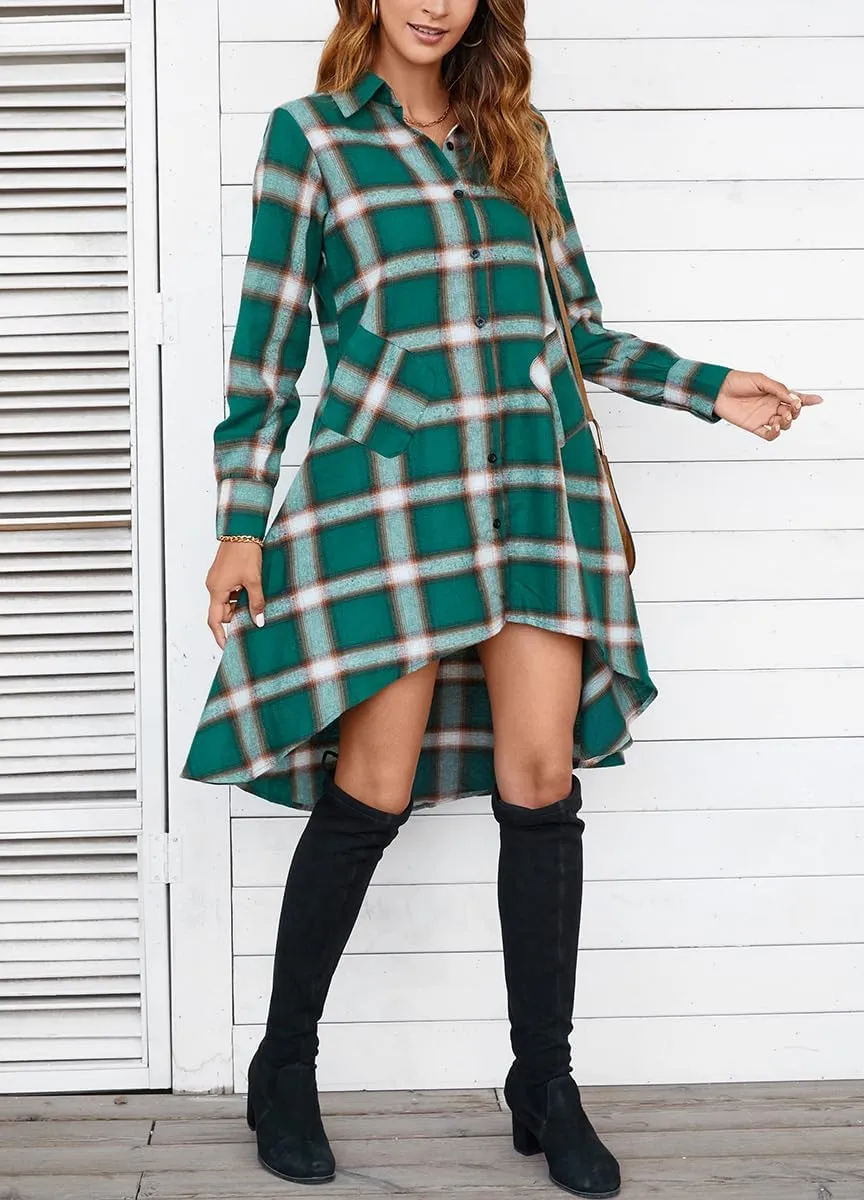 olrain Womens Plaids V Neck Long Sleeve Irregular Hem Casual Shirt Dress