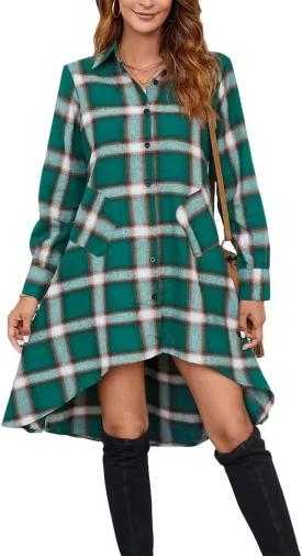 olrain Womens Plaids V Neck Long Sleeve Irregular Hem Casual Shirt Dress