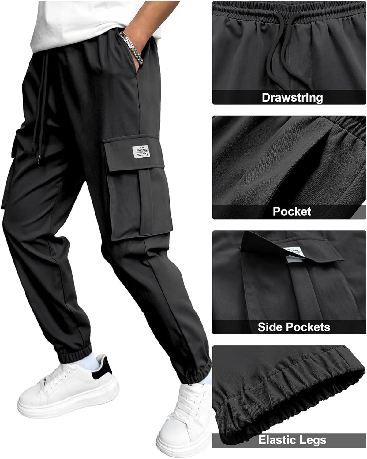 PLEPAN Mens Casual Cargo Joggers Stretch Elastic Waist Drawstring Tapered Sweatpants with Pockets