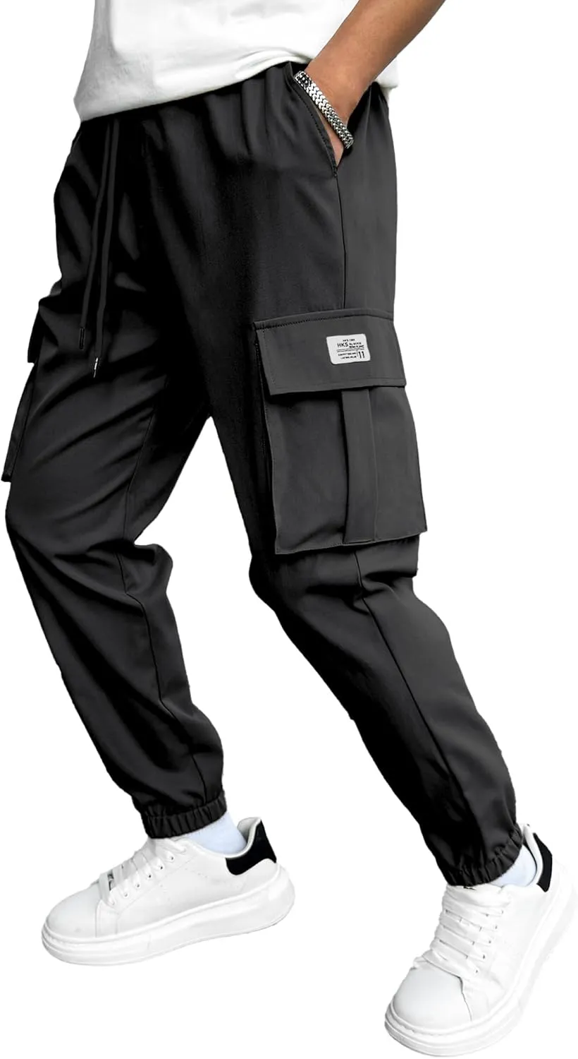 PLEPAN Mens Casual Cargo Joggers Stretch Elastic Waist Drawstring Tapered Sweatpants with Pockets