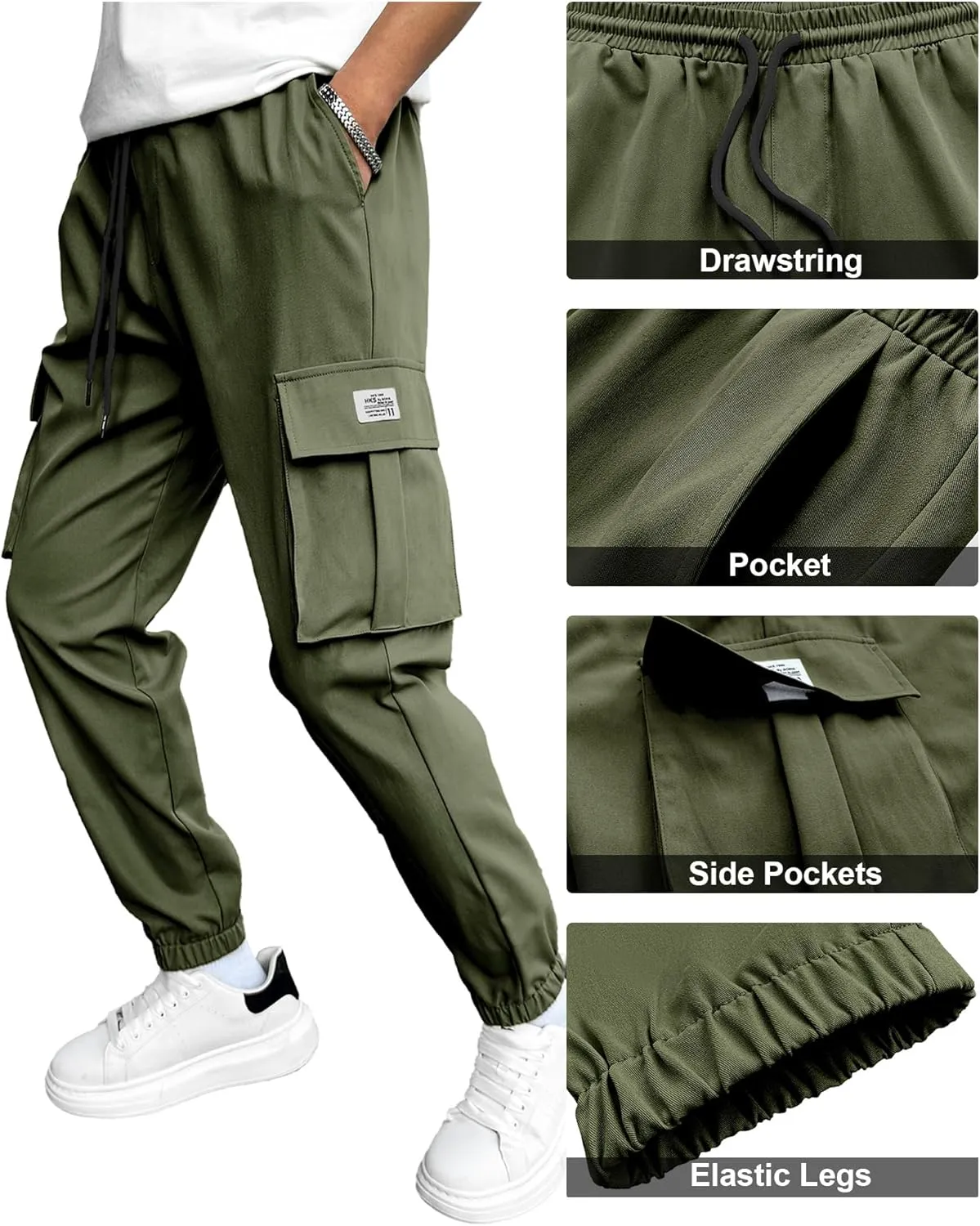 PLEPAN Mens Casual Cargo Joggers Stretch Elastic Waist Drawstring Tapered Sweatpants with Pockets
