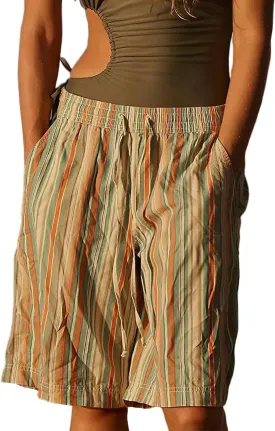Striped Bermuda Shorts for Women Knee-Length Elastic Waist Drawstring Baggy Casual Wide Leg Shorts with Pockets