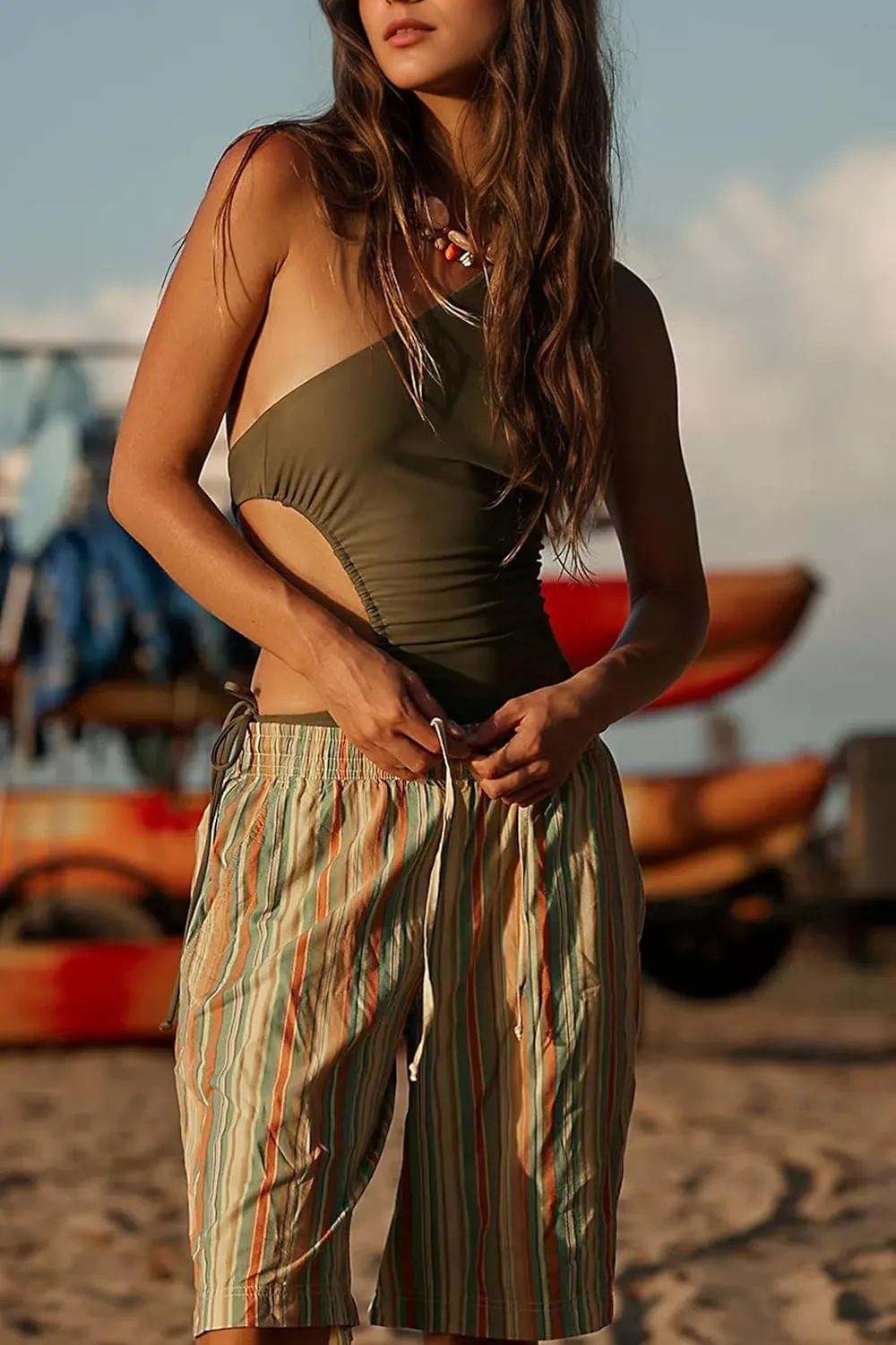 Striped Bermuda Shorts for Women Knee-Length Elastic Waist Drawstring Baggy Casual Wide Leg Shorts with Pockets