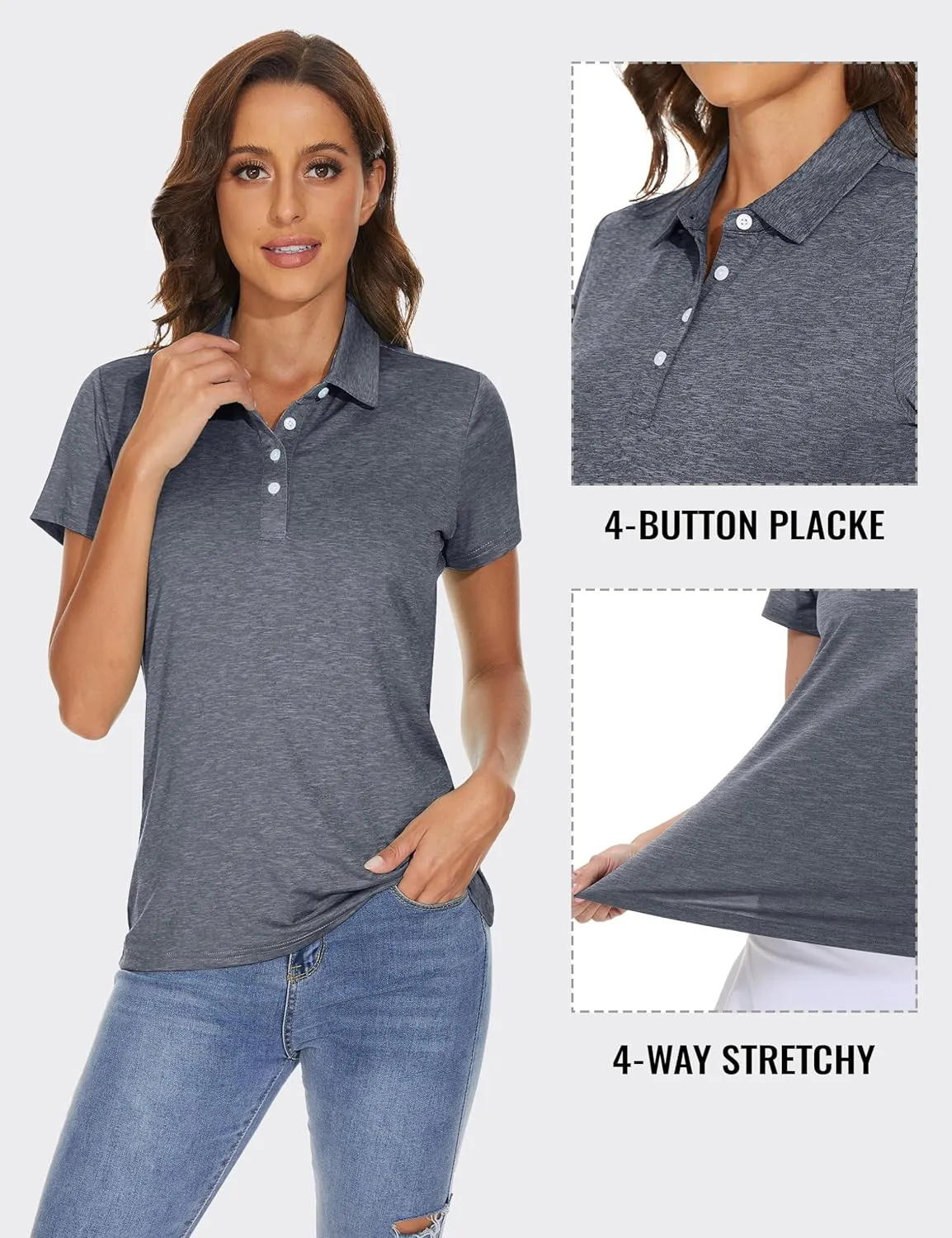 TACVASEN Polo Shirts for Women Short Sleeve Golf Shirts 4-Button Quick Dry Workout Tops Collared for Work Running Tennis