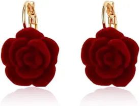 Vintage Flower Hoop Earrings for Women Girls 14K Gold Plated Hypoallergenic Red Velvet Rose Camellia Floral Huggie Hoops Earring Elegant Wedding Holiday Valentine Jewelry Gifts
