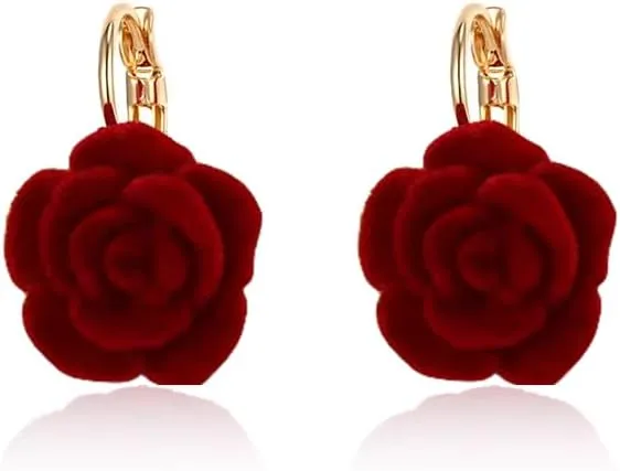 Vintage Flower Hoop Earrings for Women Girls 14K Gold Plated Hypoallergenic Red Velvet Rose Camellia Floral Huggie Hoops Earring Elegant Wedding Holiday Valentine Jewelry Gifts
