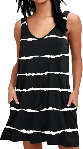 Women Plus Size V Neck Sleeveless Floral Print Pocket T Shirt Dresses Casual Midi Tank Dress Beach Cover up Sundress (XL-5X)