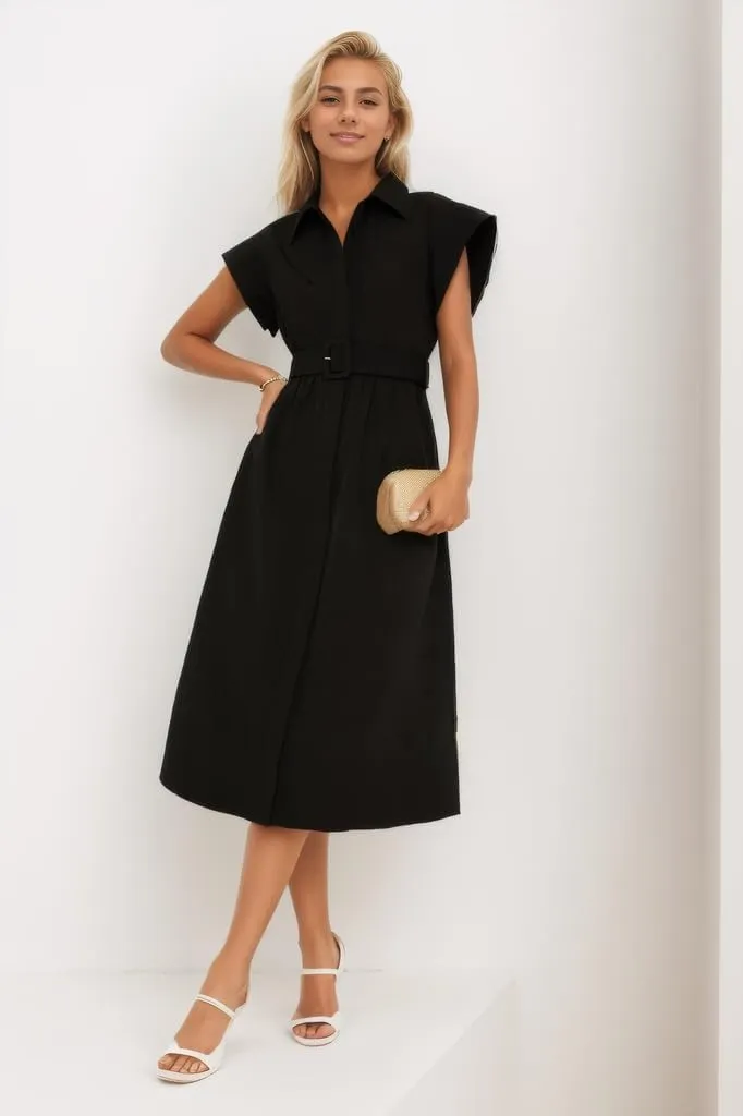 Womens 2024 Casual Short Wing Sleeves Dress Button Front Long Dress with Belt