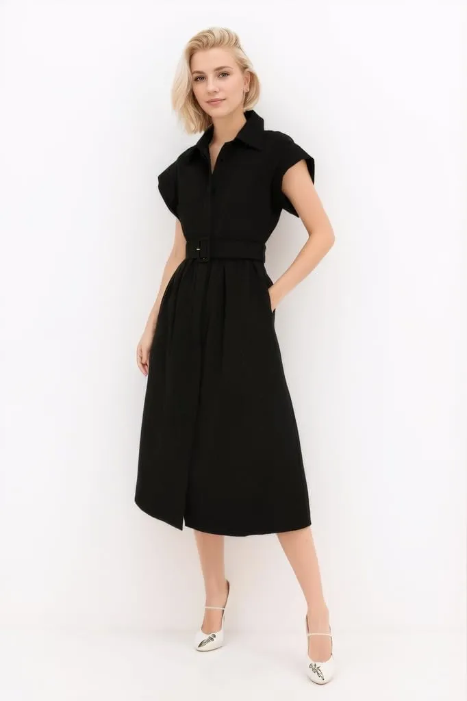 Womens 2024 Casual Short Wing Sleeves Dress Button Front Long Dress with Belt