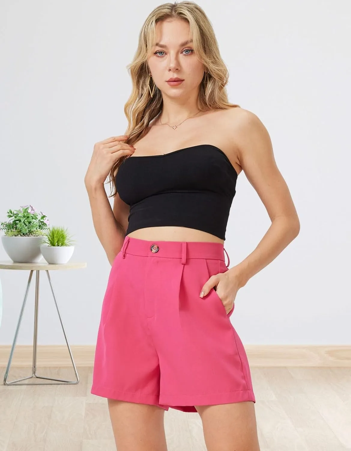 Women's Casual Pleated Dressy Business Work Shorts Elastic High Waisted Wide Leg with Pockets