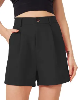 Women's Casual Pleated Dressy Business Work Shorts Elastic High Waisted Wide Leg with Pockets