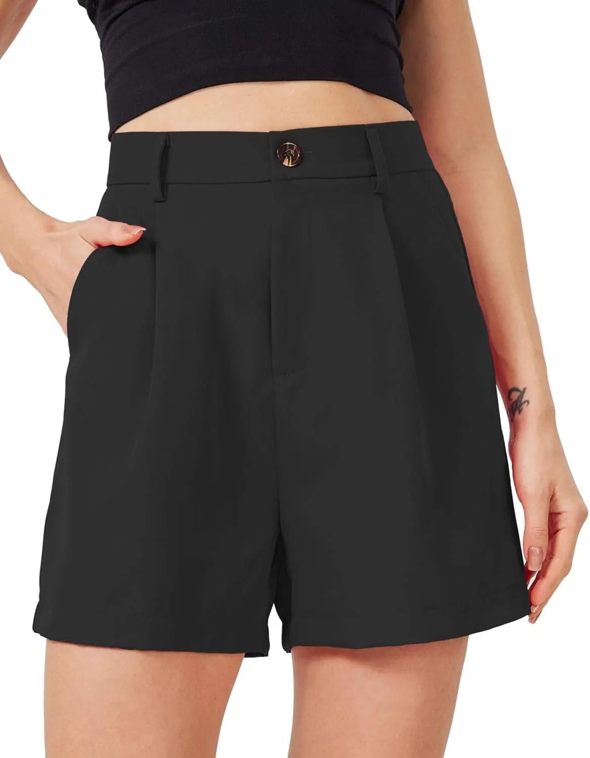 Women's Casual Pleated Dressy Business Work Shorts Elastic High Waisted Wide Leg with Pockets
