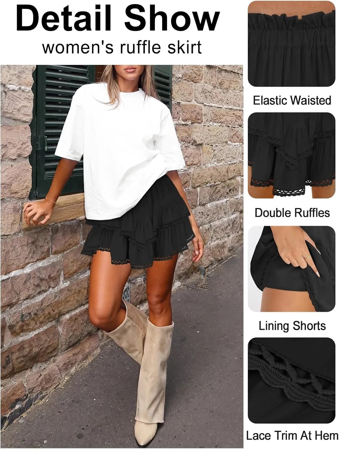 Women's High Waist Ruffle Mini Skirt Lace Trim Flowy Boho Skorts for Women Flared Tiered Golf Tennis Athletic Skirts