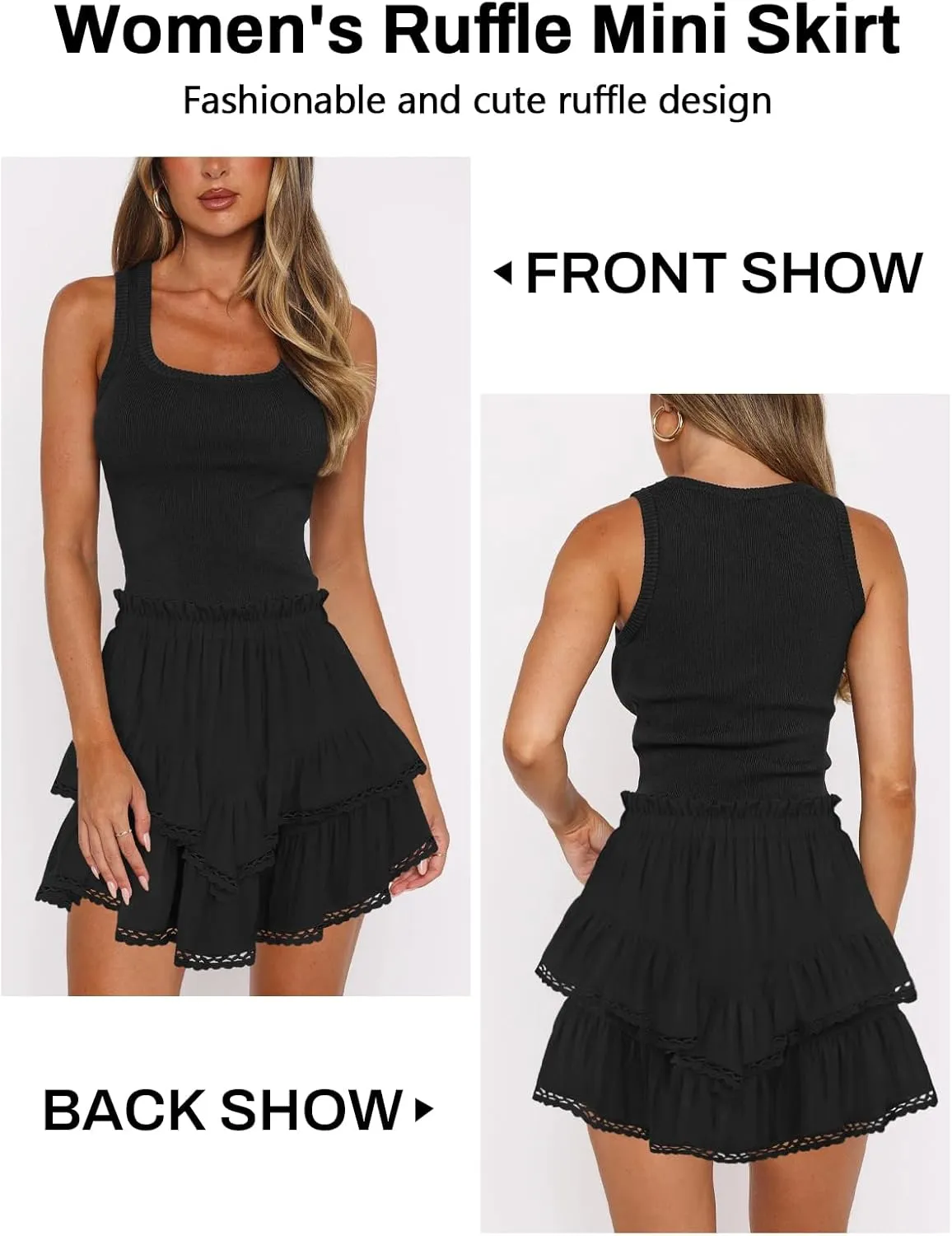 Women's High Waist Ruffle Mini Skirt Lace Trim Flowy Boho Skorts for Women Flared Tiered Golf Tennis Athletic Skirts