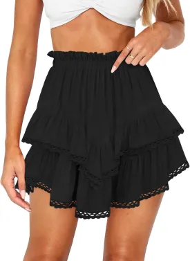 Women's High Waist Ruffle Mini Skirt Lace Trim Flowy Boho Skorts for Women Flared Tiered Golf Tennis Athletic Skirts