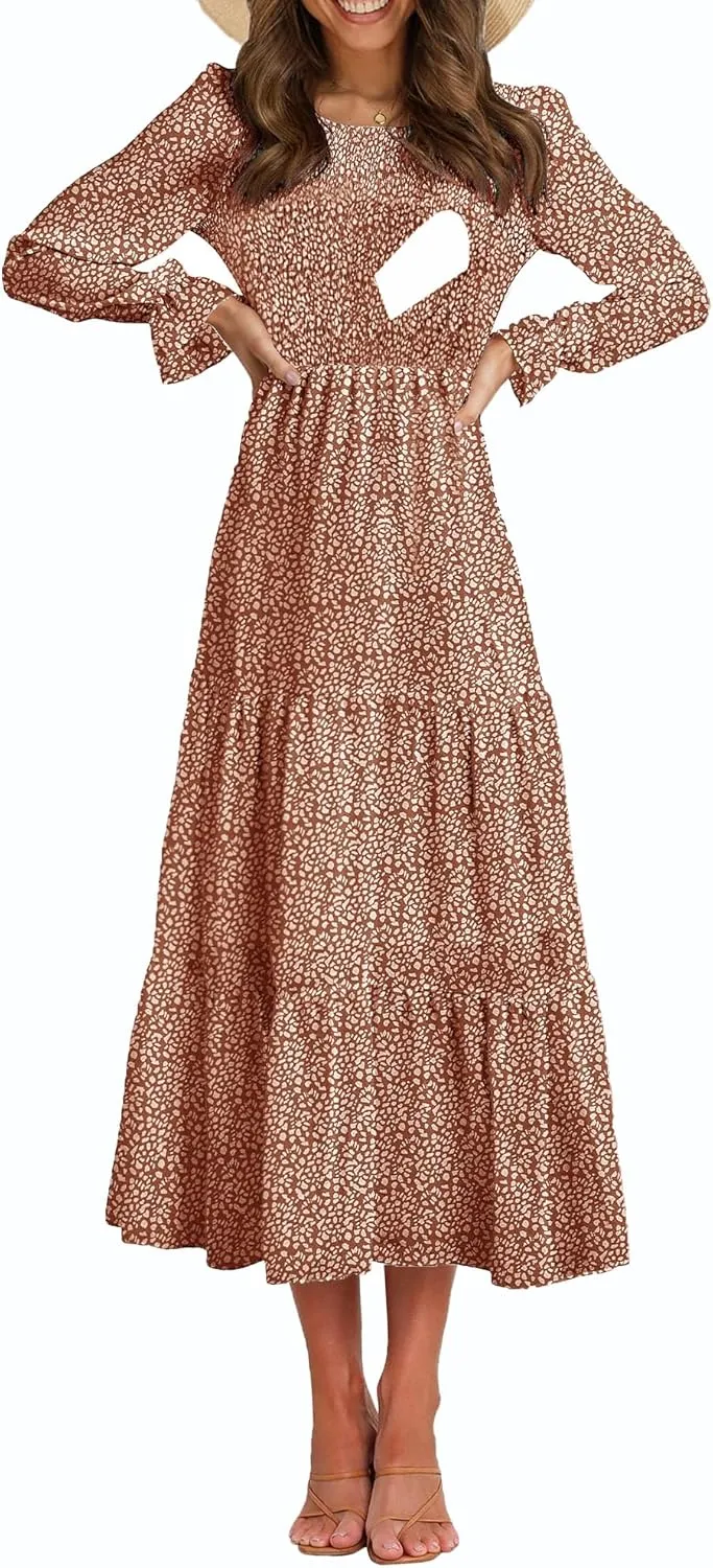 Women's Nursing Dress Flounces Long Sleeve Crew Neck Smocked Bodice Ruched Elastic Waist Tiered Midi with Pockets