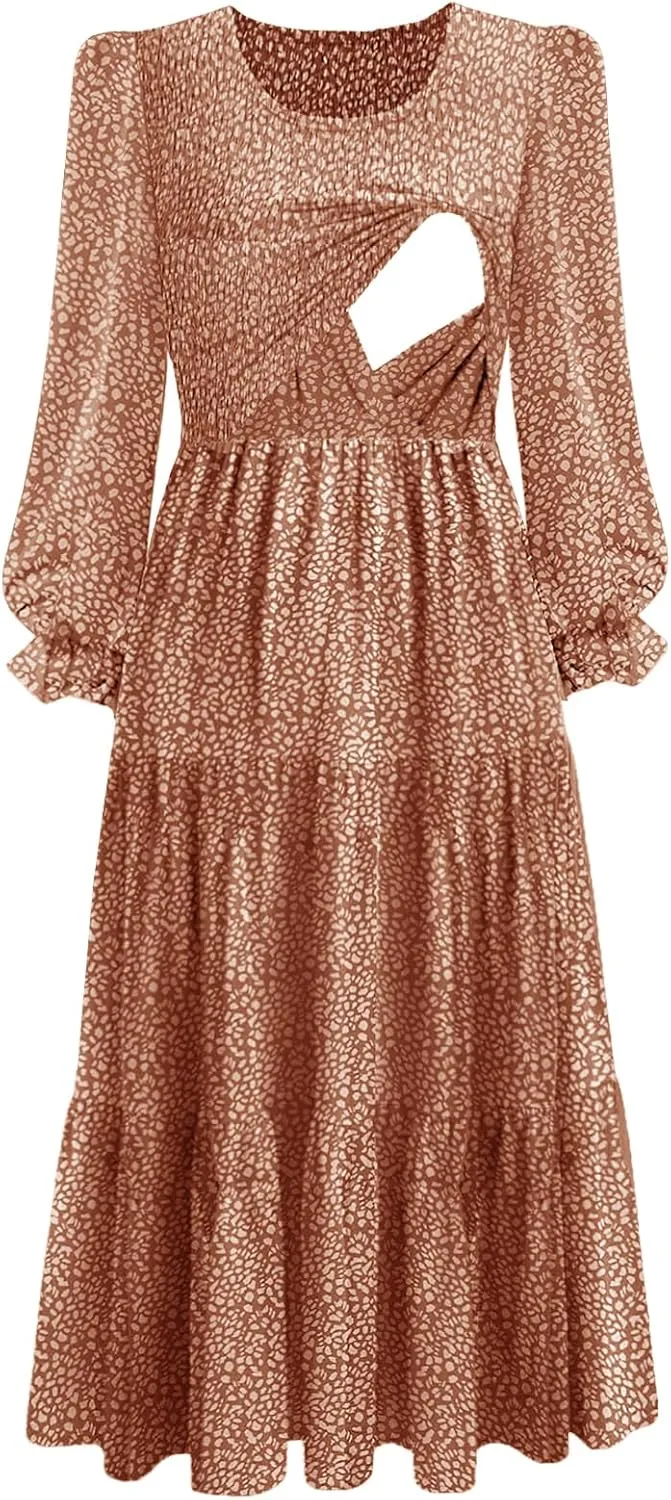 Women's Nursing Dress Flounces Long Sleeve Crew Neck Smocked Bodice Ruched Elastic Waist Tiered Midi with Pockets