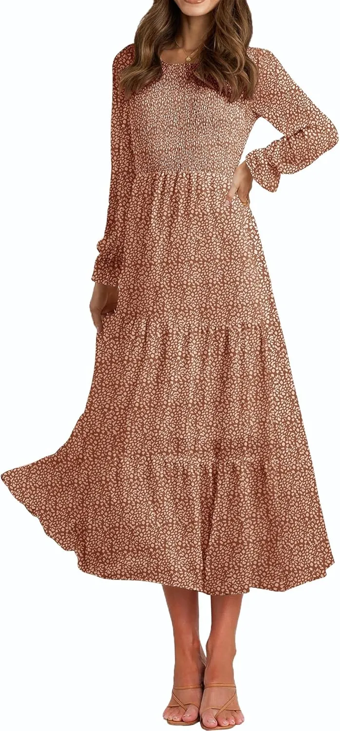Women's Nursing Dress Flounces Long Sleeve Crew Neck Smocked Bodice Ruched Elastic Waist Tiered Midi with Pockets
