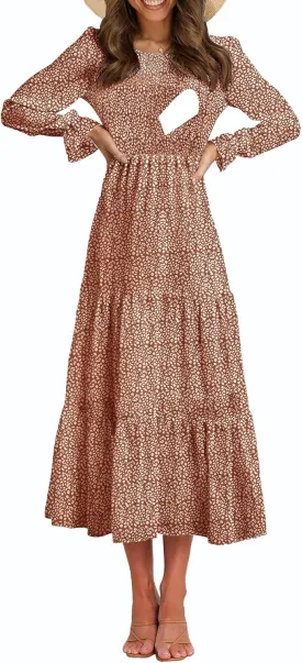 Women's Nursing Dress Flounces Long Sleeve Crew Neck Smocked Bodice Ruched Elastic Waist Tiered Midi with Pockets