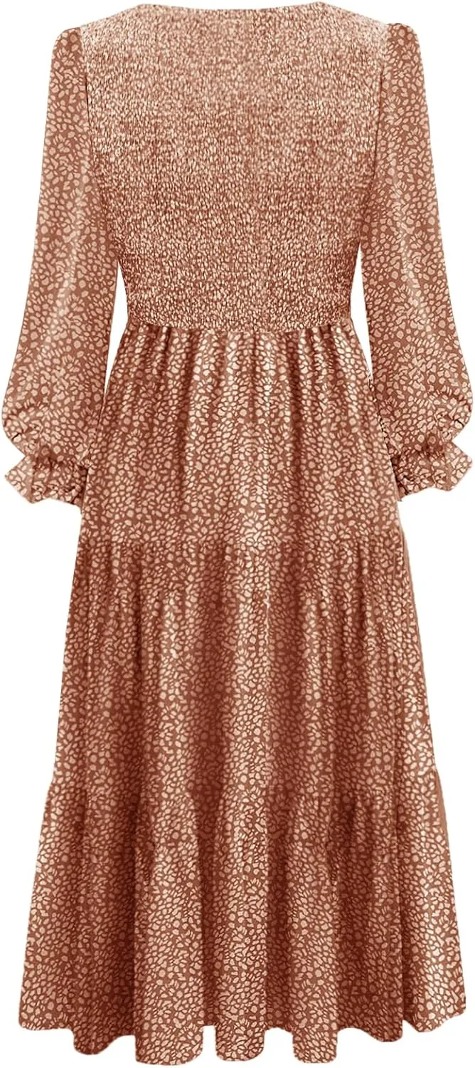 Women's Nursing Dress Flounces Long Sleeve Crew Neck Smocked Bodice Ruched Elastic Waist Tiered Midi with Pockets
