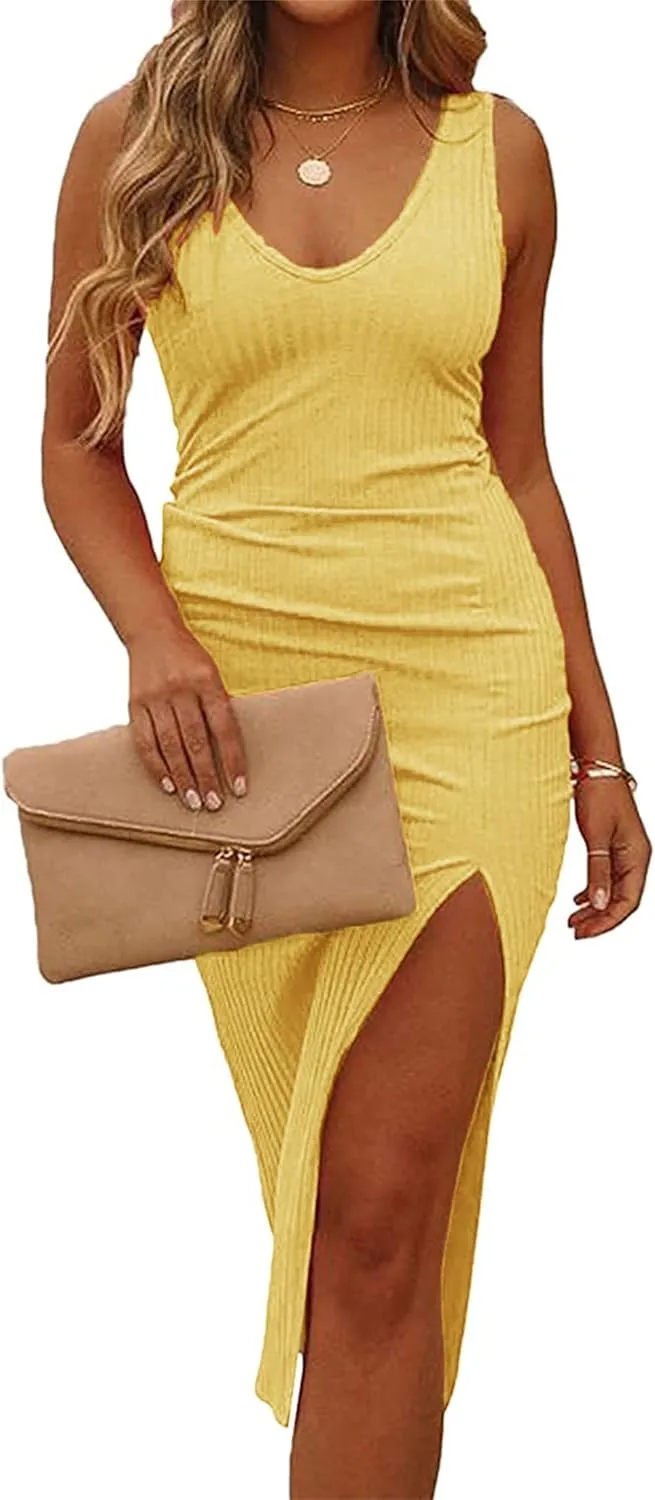 Womens Sleeveless V Neck Bodycon Dress Midi Party Dress Side Slit Ribbed Knit Pencil Dresses