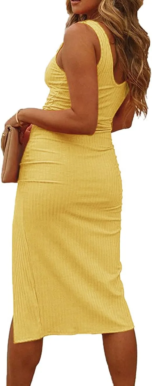 Womens Sleeveless V Neck Bodycon Dress Midi Party Dress Side Slit Ribbed Knit Pencil Dresses