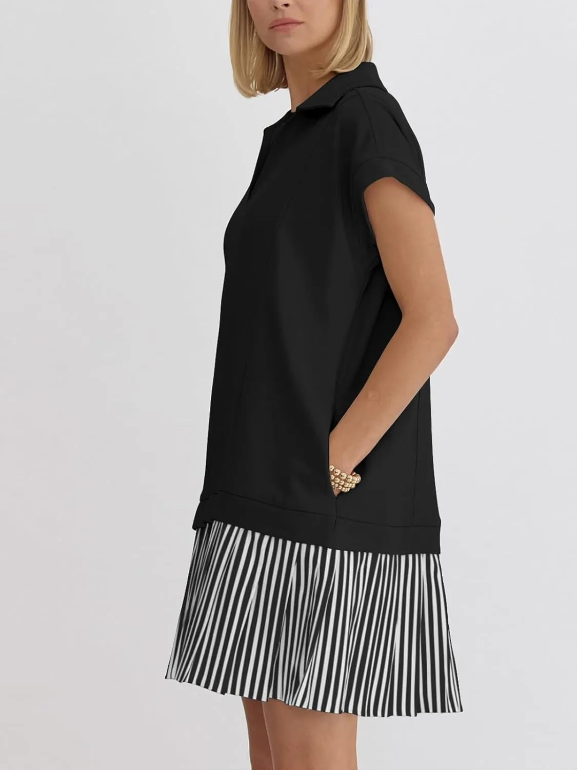 Women's V Neck Short Sleeve Summer Dress Patchwork Cap Sleeve Casual Loose Fit Pleated Striped Shirt Dress with Pockets