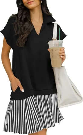 Women's V Neck Short Sleeve Summer Dress Patchwork Cap Sleeve Casual Loose Fit Pleated Striped Shirt Dress with Pockets