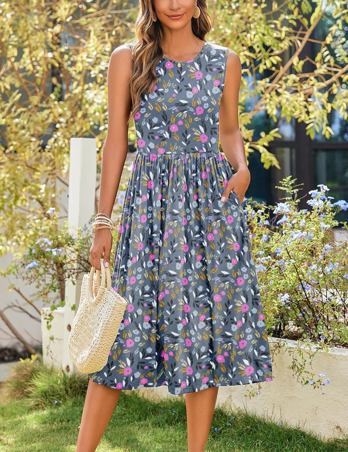 Zeagoo Women's Summer Tank Midi Dress with Pockets Sleeveless A-Line Dress Casual Floral T-Shirt Dress Flowy Beach Sundress