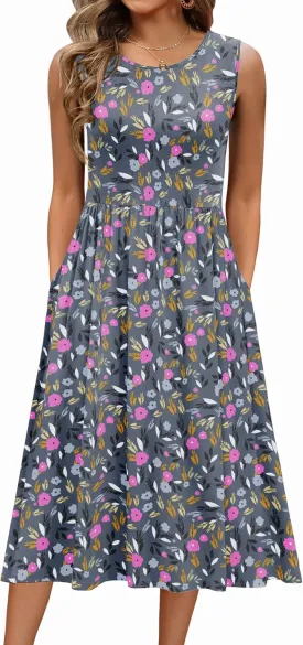 Zeagoo Women's Summer Tank Midi Dress with Pockets Sleeveless A-Line Dress Casual Floral T-Shirt Dress Flowy Beach Sundress