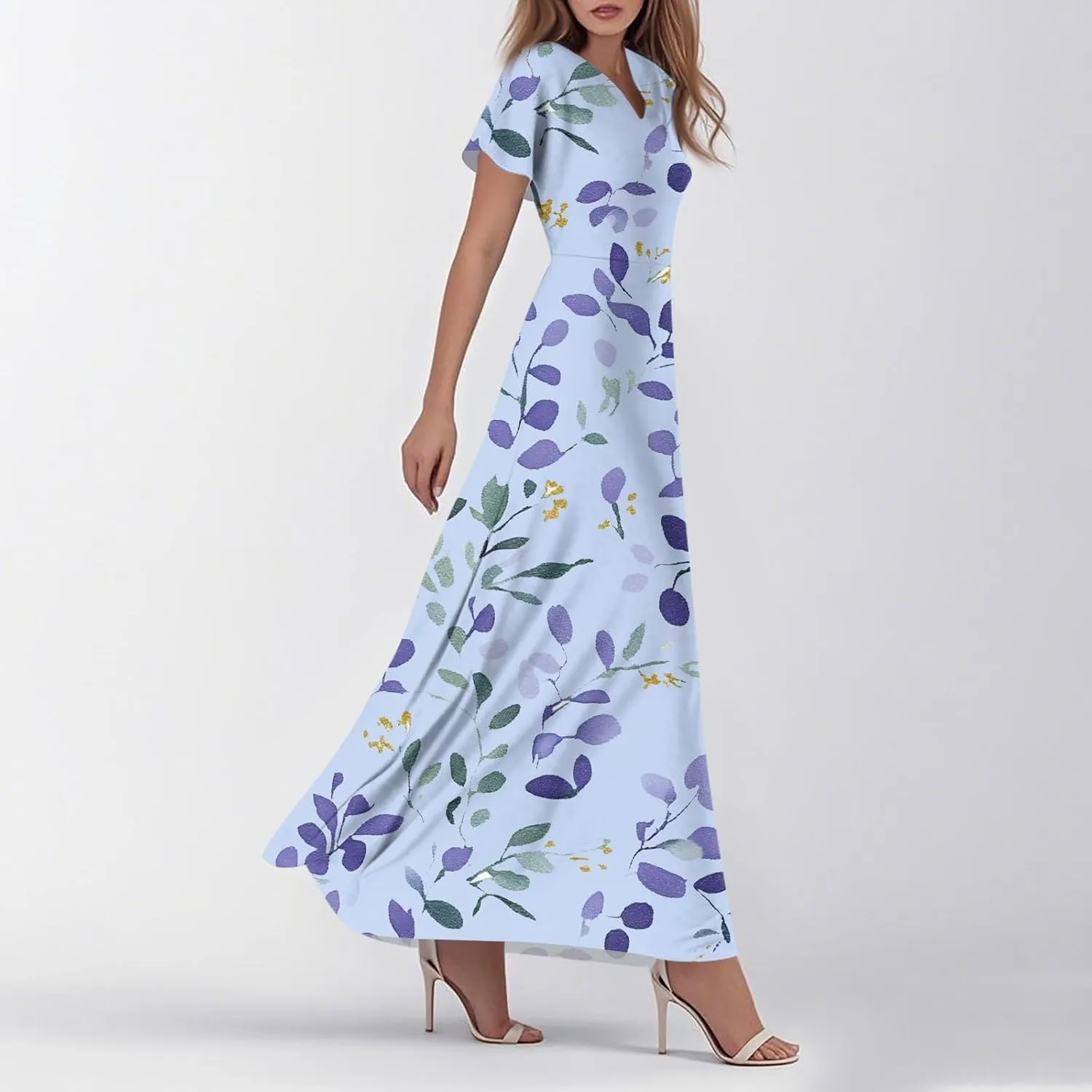 ZEFOTIM Maxi Dresses for Women 2025 Holiday Floral Dress Short Sleeve V Neck Dresses