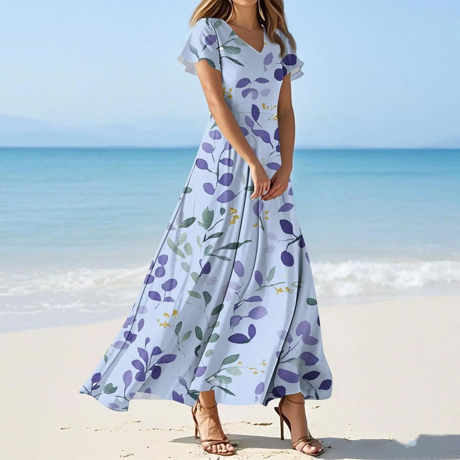 ZEFOTIM Maxi Dresses for Women 2025 Holiday Floral Dress Short Sleeve V Neck Dresses