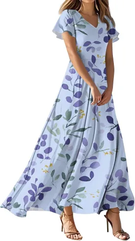 ZEFOTIM Maxi Dresses for Women 2025 Holiday Floral Dress Short Sleeve V Neck Dresses