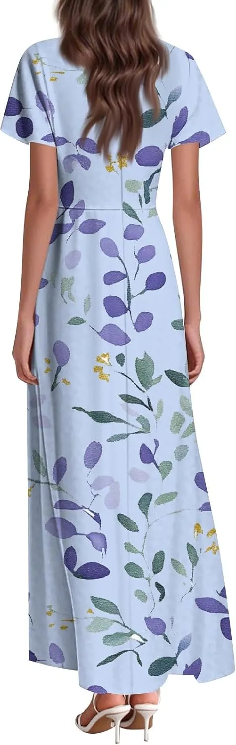 ZEFOTIM Maxi Dresses for Women 2025 Holiday Floral Dress Short Sleeve V Neck Dresses