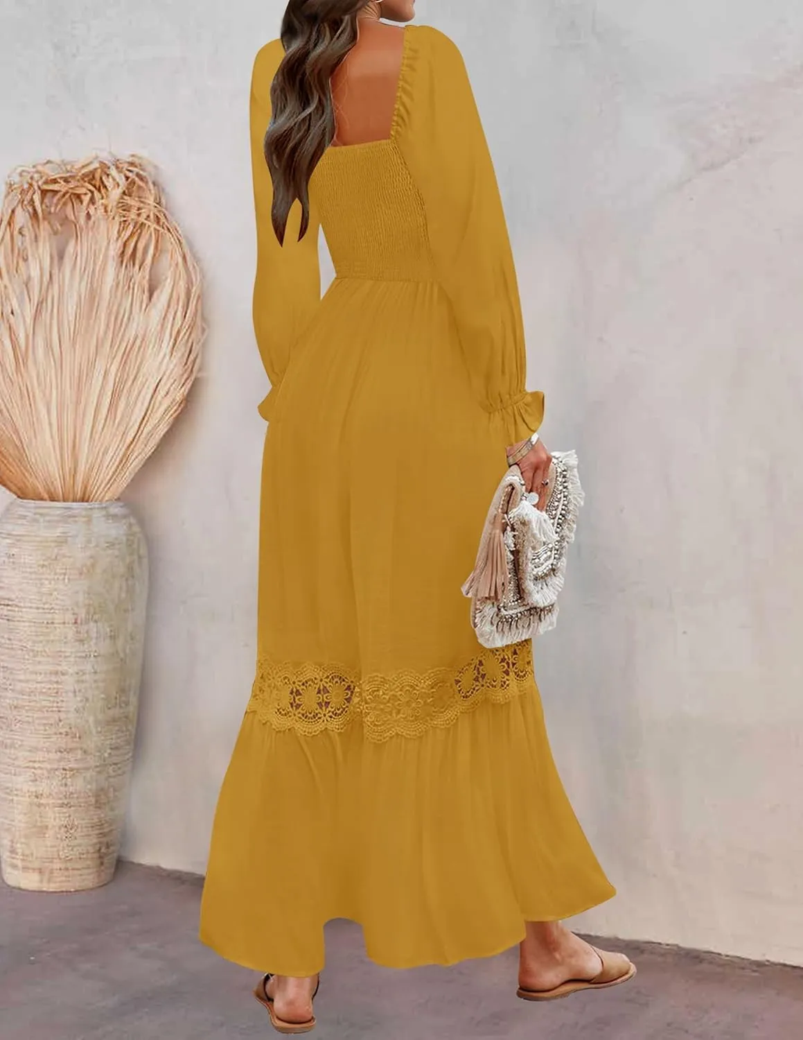 ZESICA Women's 2025 Boho Long Sleeve Square Neck Smocked High Waist Flowy A Line Lace Trim Maxi Dress