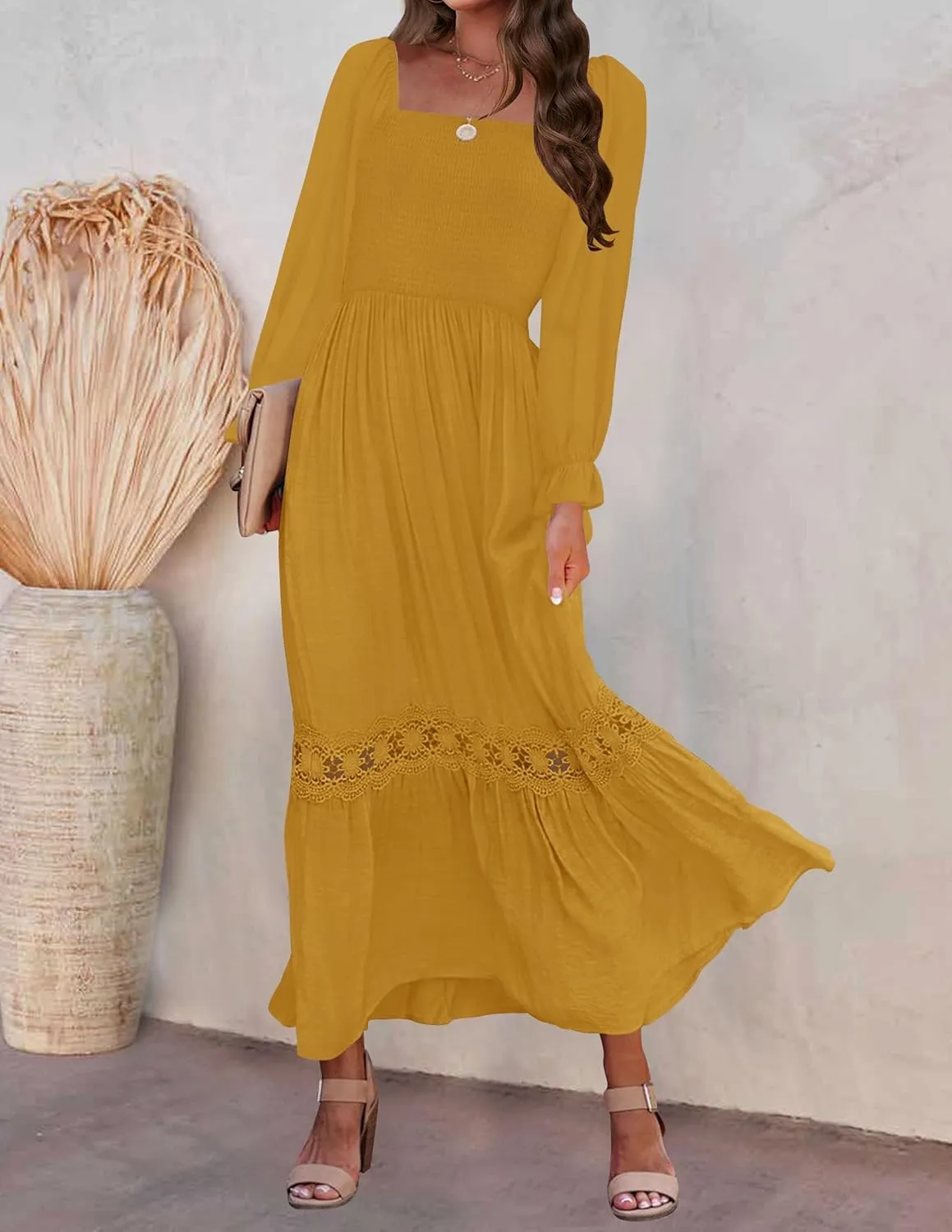 ZESICA Women's 2025 Boho Long Sleeve Square Neck Smocked High Waist Flowy A Line Lace Trim Maxi Dress