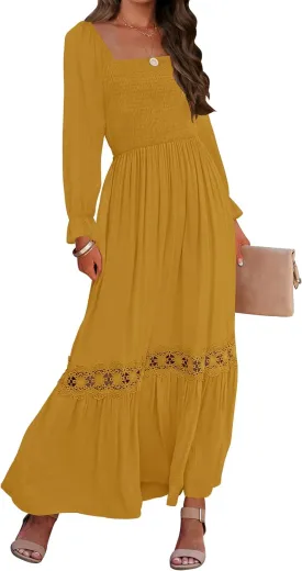 ZESICA Women's 2025 Boho Long Sleeve Square Neck Smocked High Waist Flowy A Line Lace Trim Maxi Dress
