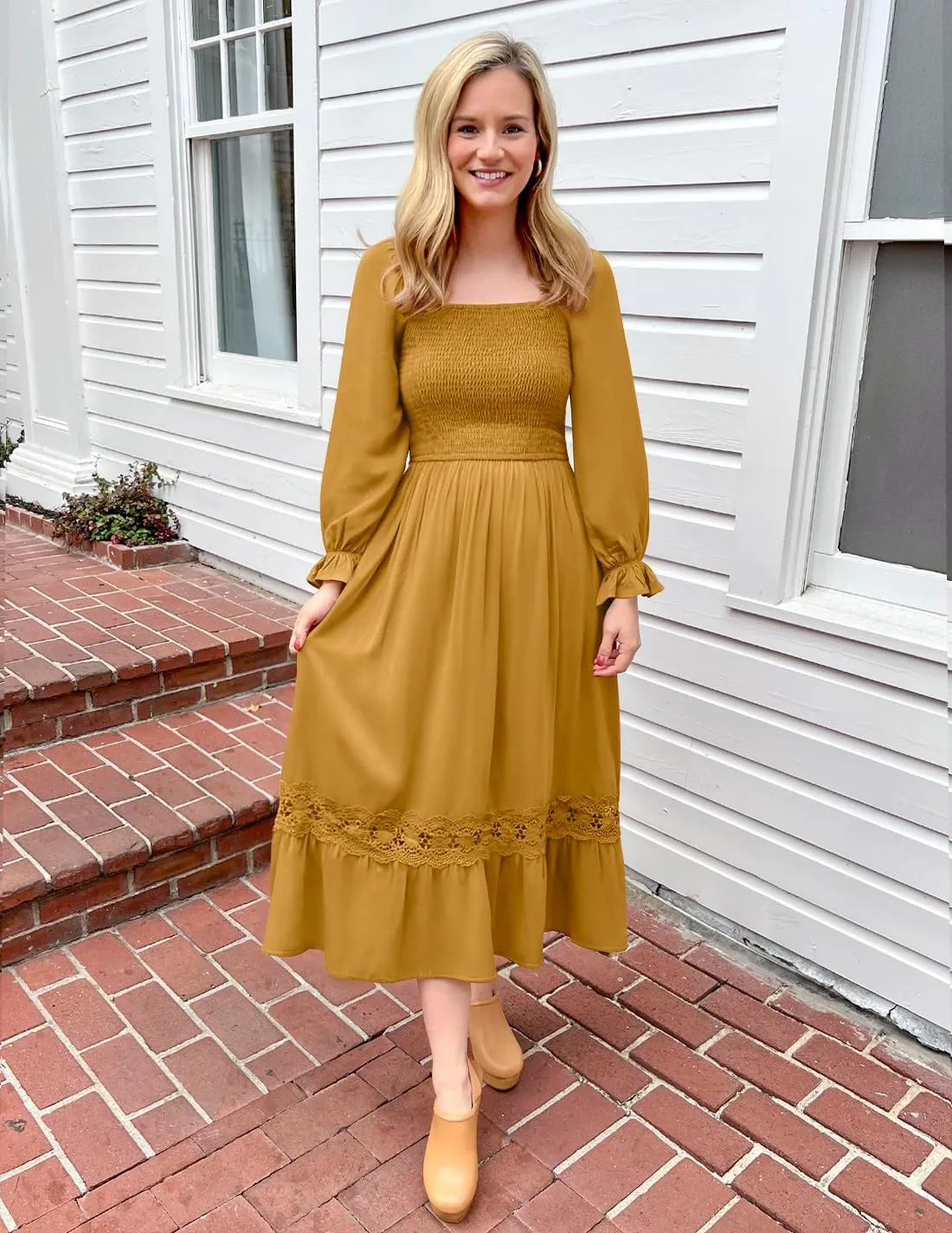 ZESICA Women's 2025 Boho Long Sleeve Square Neck Smocked High Waist Flowy A Line Lace Trim Maxi Dress