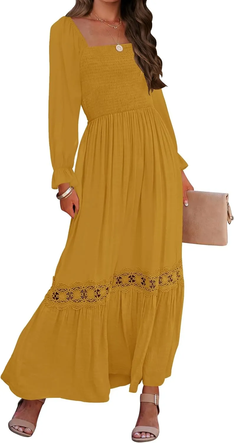 ZESICA Women's 2025 Boho Long Sleeve Square Neck Smocked High Waist Flowy A Line Lace Trim Maxi Dress