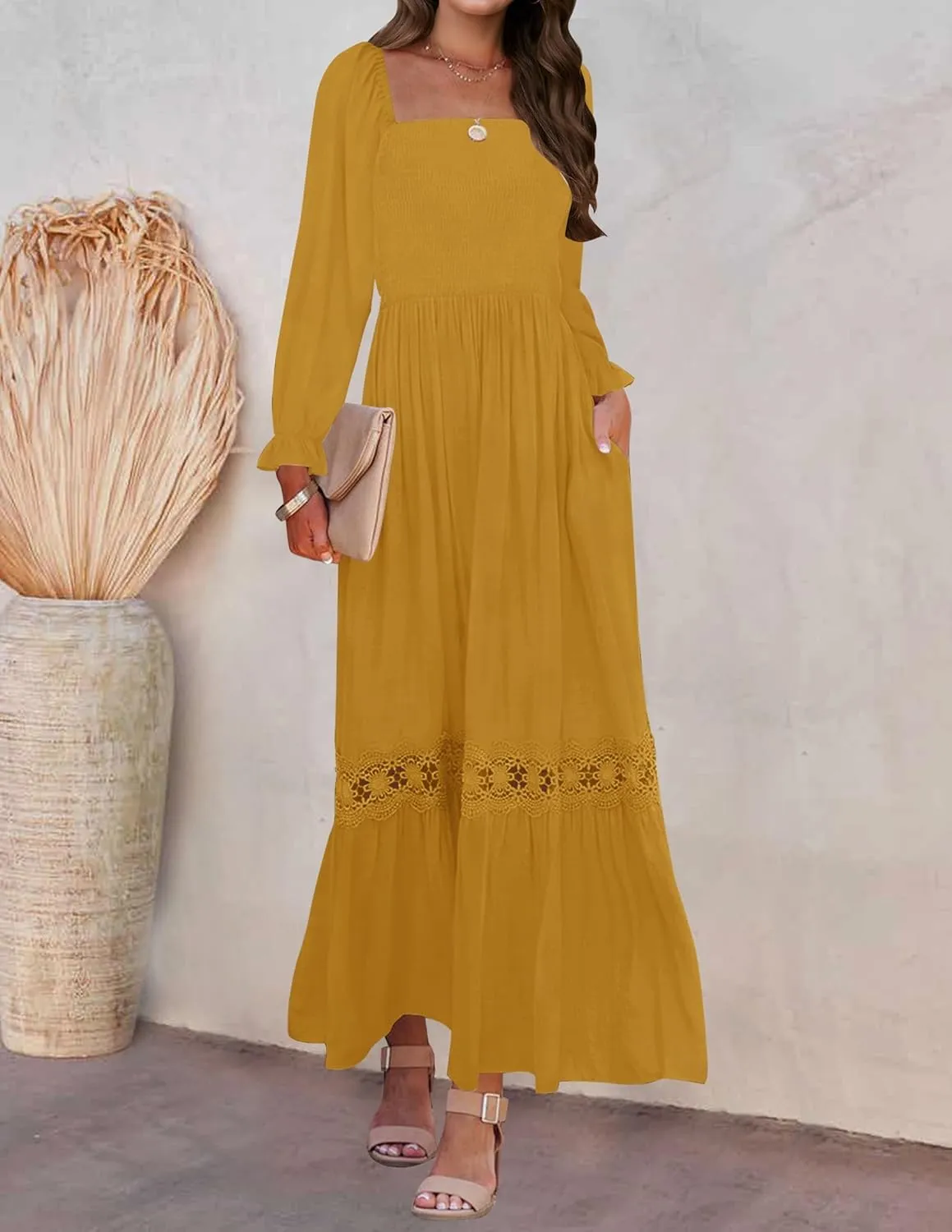 ZESICA Women's 2025 Boho Long Sleeve Square Neck Smocked High Waist Flowy A Line Lace Trim Maxi Dress