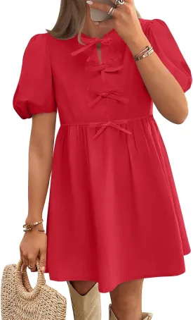 ZESICA Women's Summer Short Sleeve Tie Front Mini Dress Cute Babydoll Ruffle Pleated A Line Tunic Dresses
