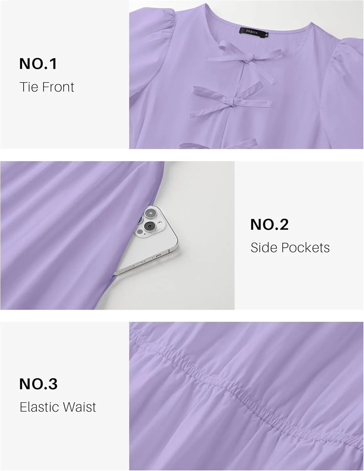 ZESICA Women's Summer Short Sleeve Tie Front Mini Dress Cute Babydoll Ruffle Pleated A Line Tunic Dresses