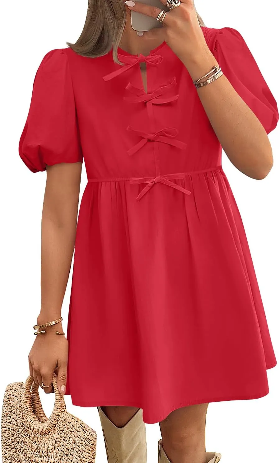 ZESICA Women's Summer Short Sleeve Tie Front Mini Dress Cute Babydoll Ruffle Pleated A Line Tunic Dresses